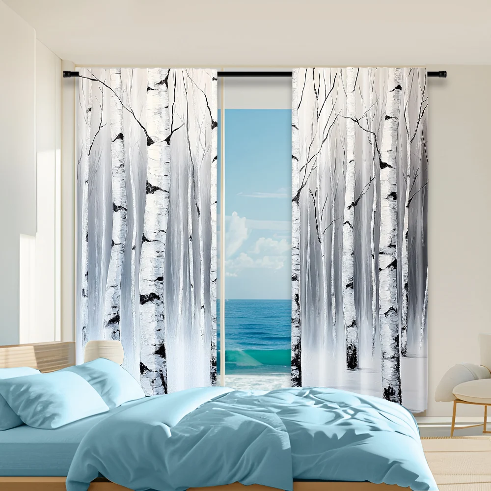 2Pcs Birch Forest Print Window Curtains Rod Pocket Design For Easy Hanging Perfect For Bedroom Living Room Office And Home