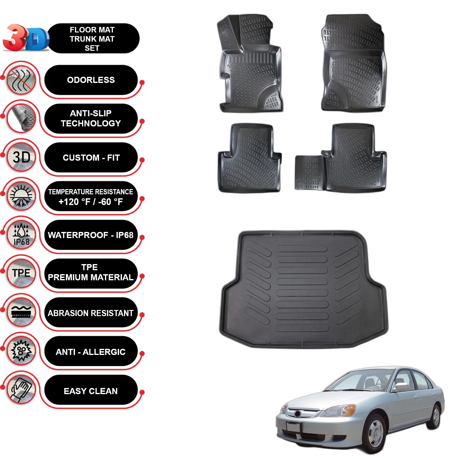 Honda Civic Sedan (2001-2005) - Floor Mats + Cargo Trunk Liner - SET - (Black)