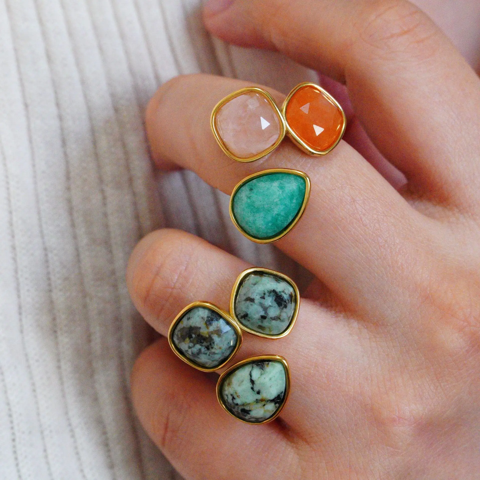 V. Stainless Steel Colorful Natural Stone Zircon Droplet Splicing Block Opening Ring Fine Polishing Fashion Jewelry Making