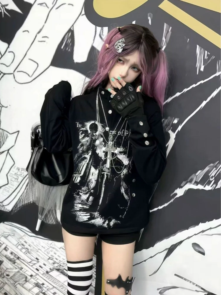 

Japanese Subculture Gothic Print T-shirt Women Y2k Harjauku Punk Long Sleeve Tees Winter Punk Grunge Vintage Fashion Tops New
