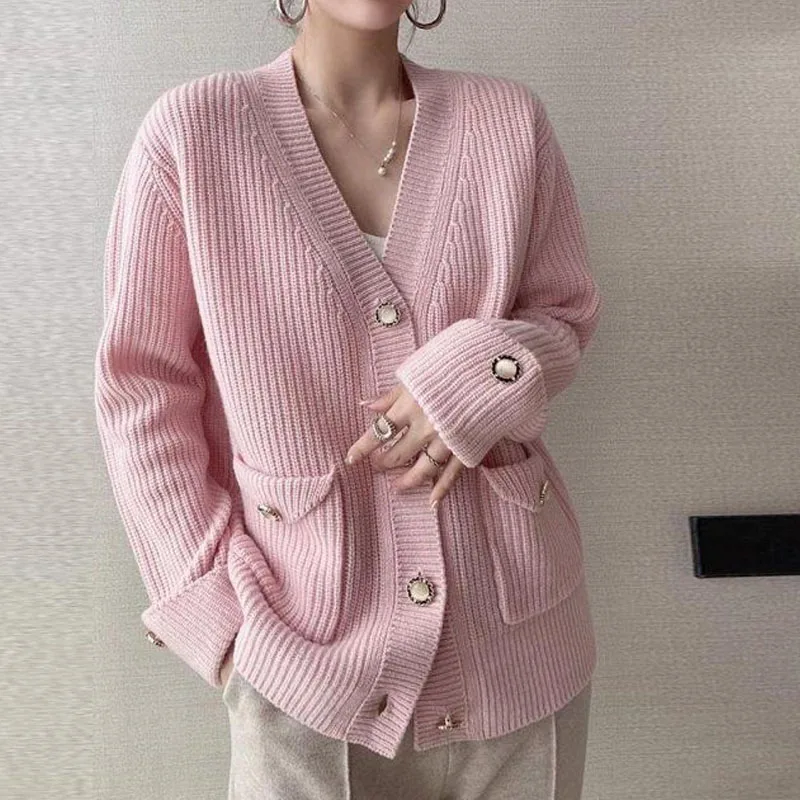 Fashion Autumn Winter Button Solid Color Knitted Sweater Women Long Sleeve Cardigan  Loose Elegant Korean Clothing 28347