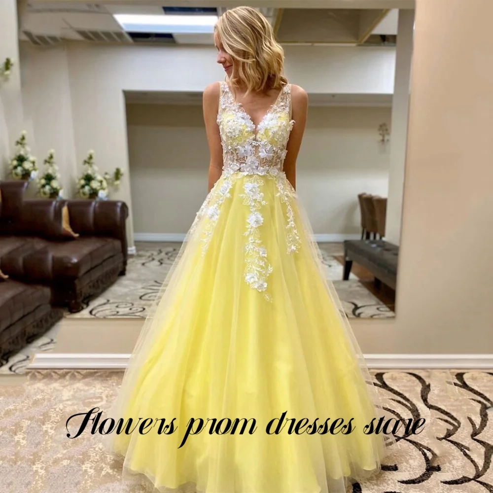 

Flowers Yellow Evening Dress V Neck Formal Gown with Lace Appliqued Night Dresses Sleeveless Tulle Prom Dresses Customized