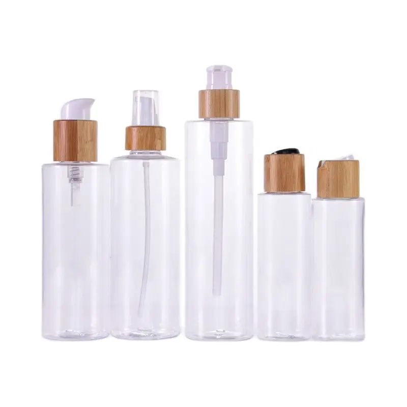 Wholesale 120/150/500ml Clear PET Plastic Skin Care Toner Face Water Spray Emulsion Pump Bottles with Bamboo Wood Lids 8oz 100ml