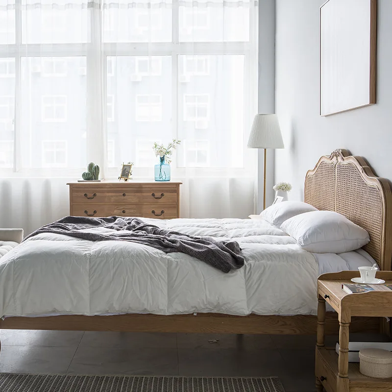 Bedside rattan solid wood bed Bedroom Household Wabi Sabi B & B 1.8 meters ash wood double bed