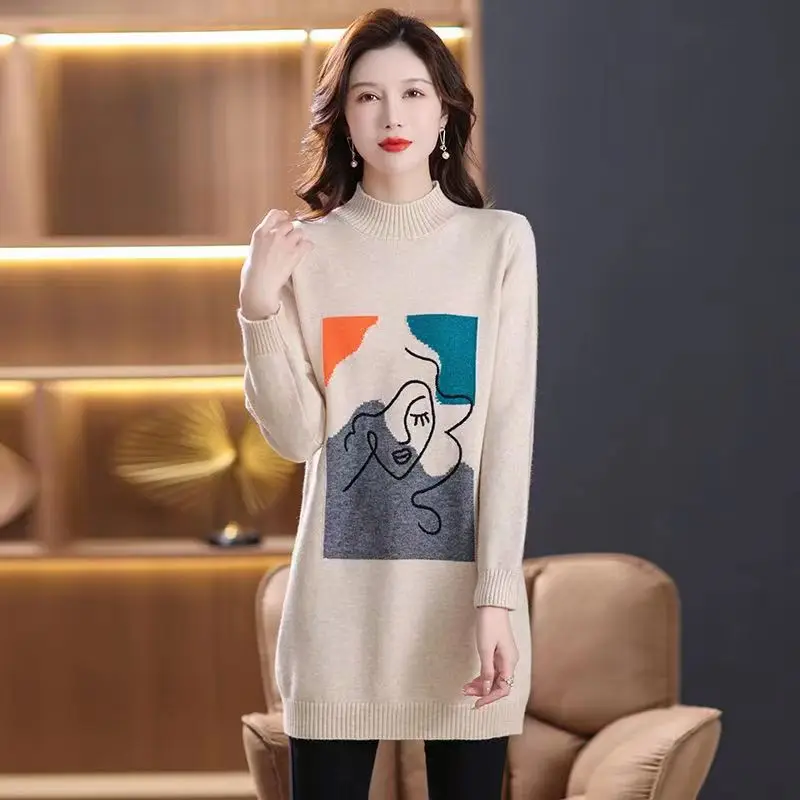 Middle Aged Mother Pullovers Vintage Printed Half High Collar Knitwears Pull Femme Autumn Winter Bottoming Sweater Women