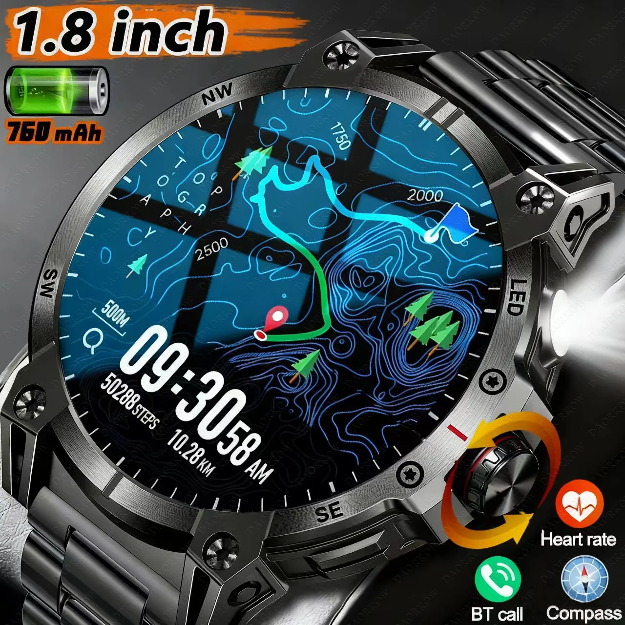 다오르코우 2025 신형 남성용 760mAh 대용량 배터리 LED 손전등 나침반 IP68 방수 1.8인치 HD 대화면 BT 통화 스마트워치