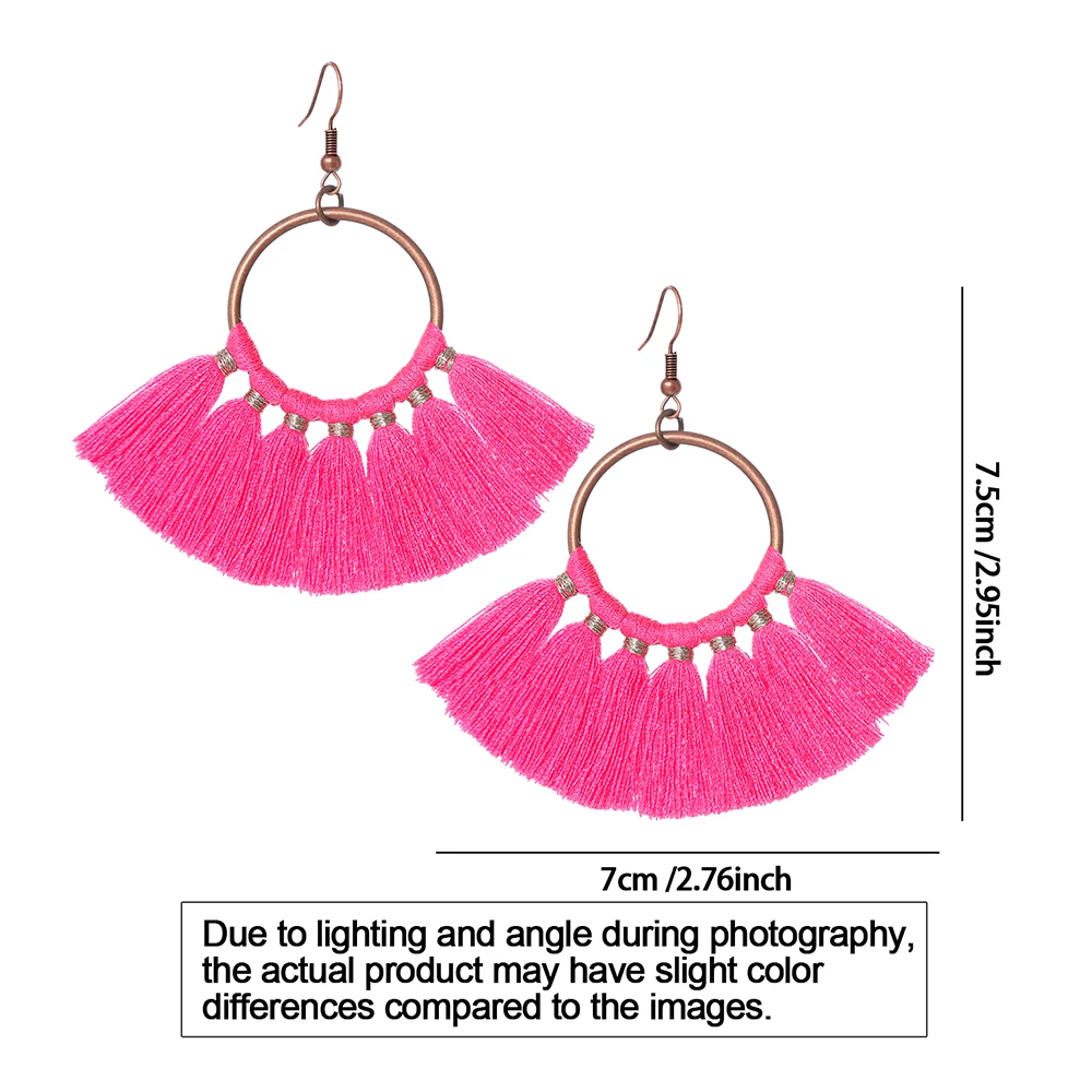 Bohemian Fan Tassel Hoop Earrings Vintage Copper Circle Long Fringe Dangle Earring Beach Vacation Party Women Fashion Jewelry