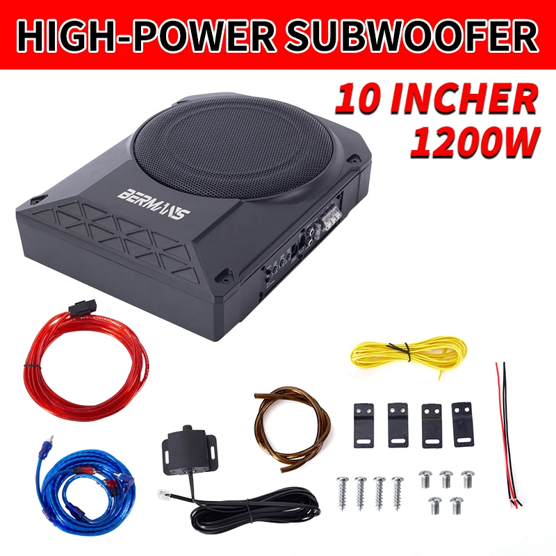 10-calowy aktywny subwoofer samochodowy o mocy 1200 W, maks. 12 V, ultracienki, wysokiej jakości procesor audio, subwoofer pod siedzeniem