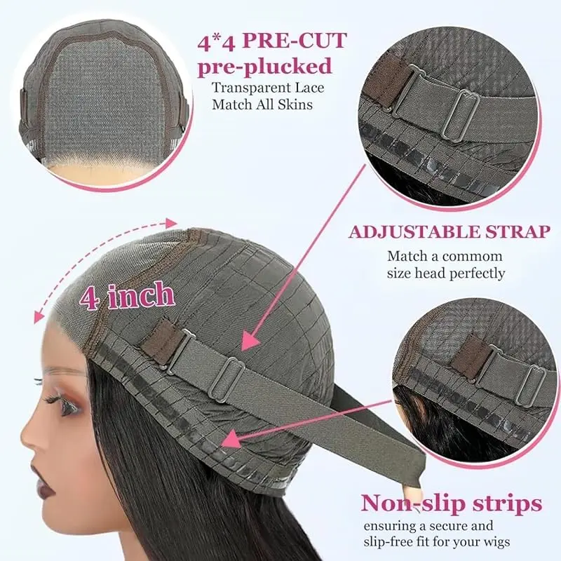 12インチ接着剤不要人毛ウィッグ ブラジリアンストレートボブウィッグ 4x4プレカットレースウィッグ 女性用HDレースフロント人毛ウィッグ