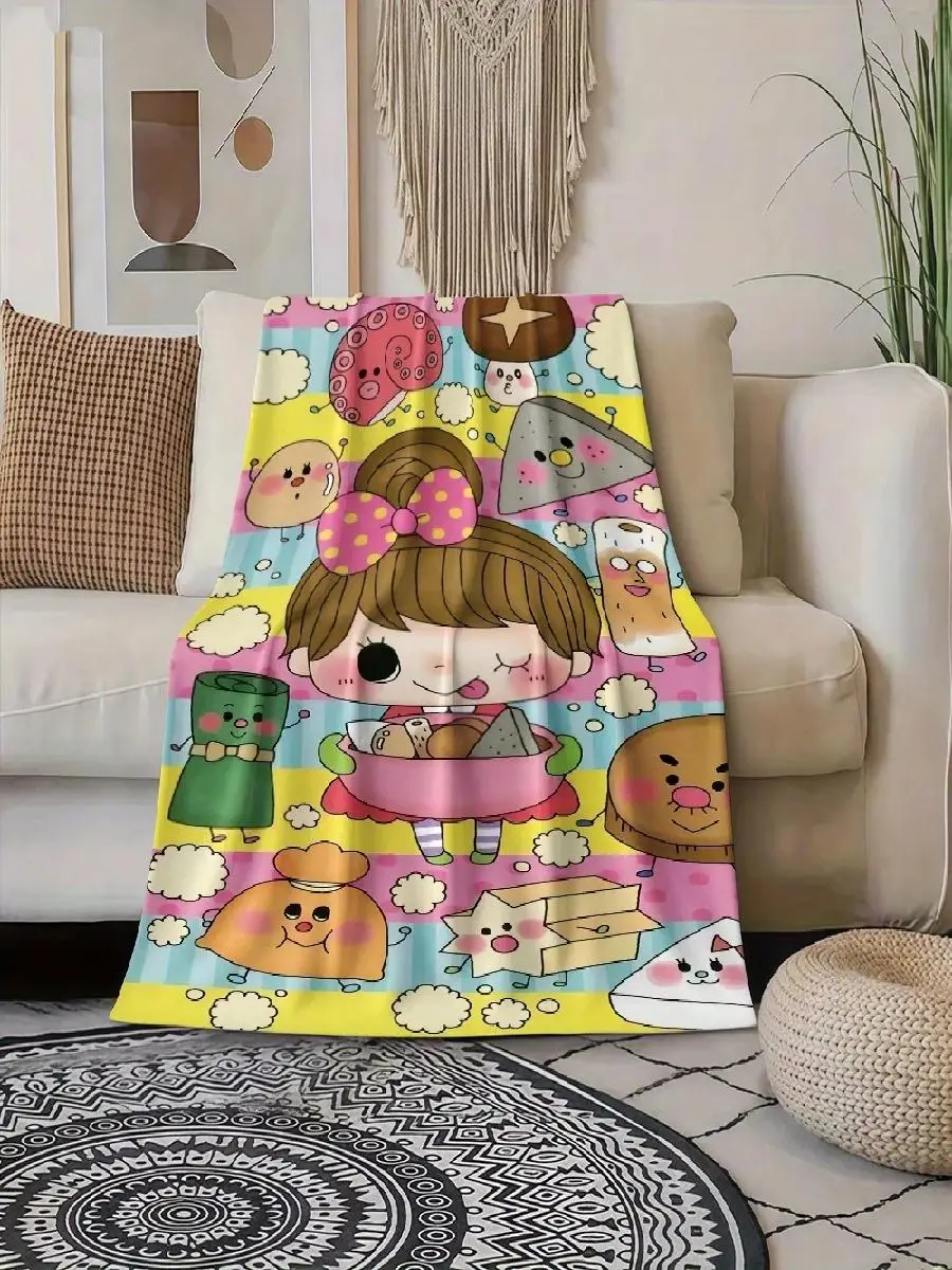 pc Cute Cartoon Food Print Flannel Blanket  Soft Warm AllSeason Throw with Playful Food Design Perfect for Office Camping