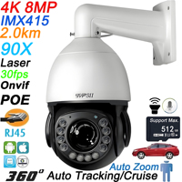 Laser Infrared Metal Auto Tracking Cruise 8MP 4K 90X Optical Zoom 360° Audio ONVIF POE PTZ Speed Dome Surveillance IP Camera