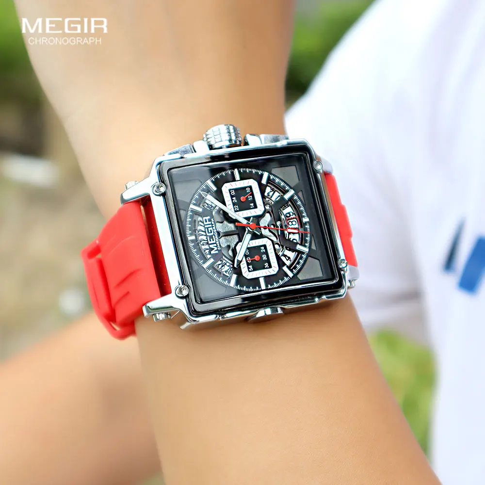 MEGIR Red Sport Chronograph Quartz Watch Men Fashion Waterproof Wristwatch with Luminous Hands Silicone Strap Date Square Dial