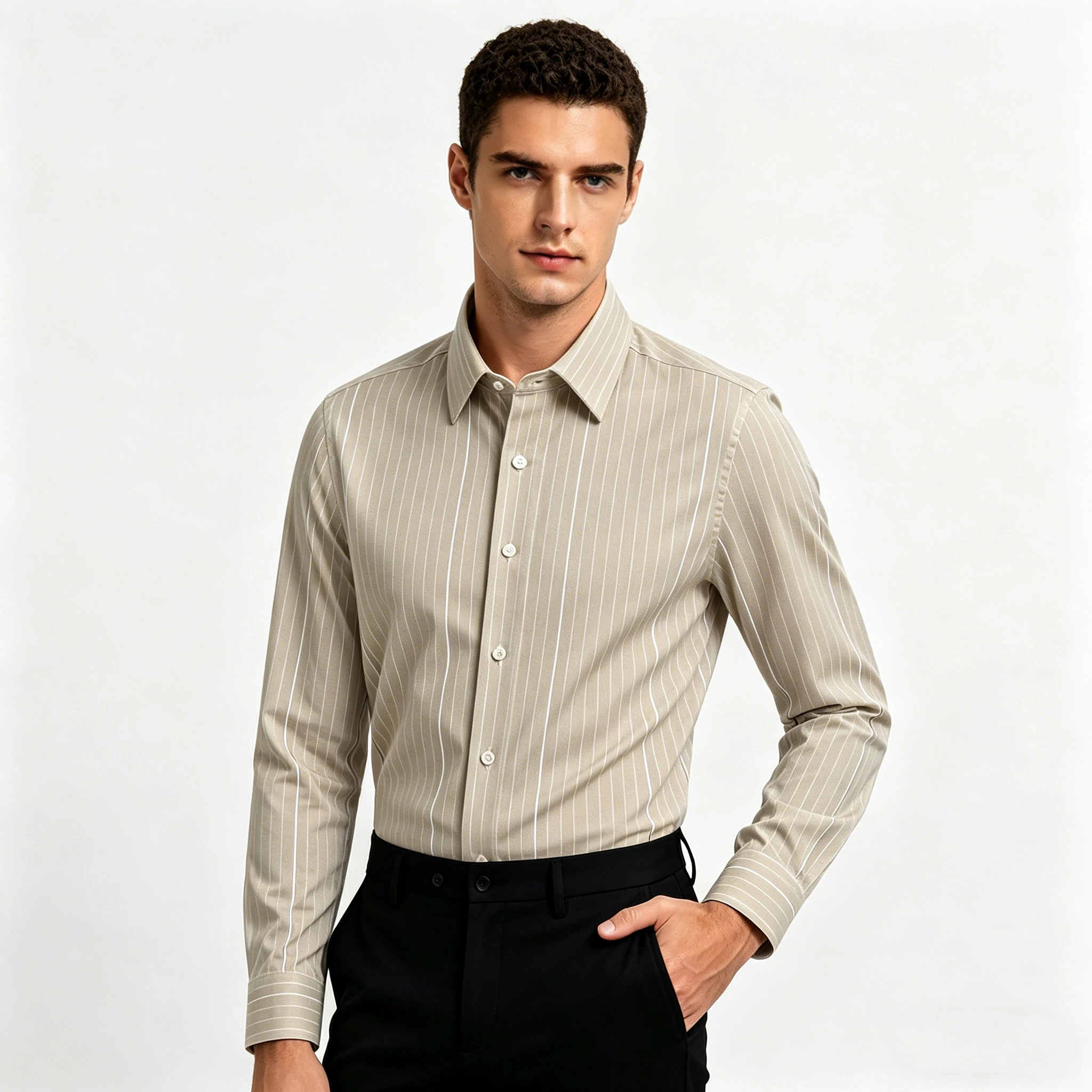 

New Bamboo Fiber Men's Stretch Long Sleeve Shirt Anti-Wrinkle Breathable Soft Standard Fit Trendy Casual Business Striped Shirts