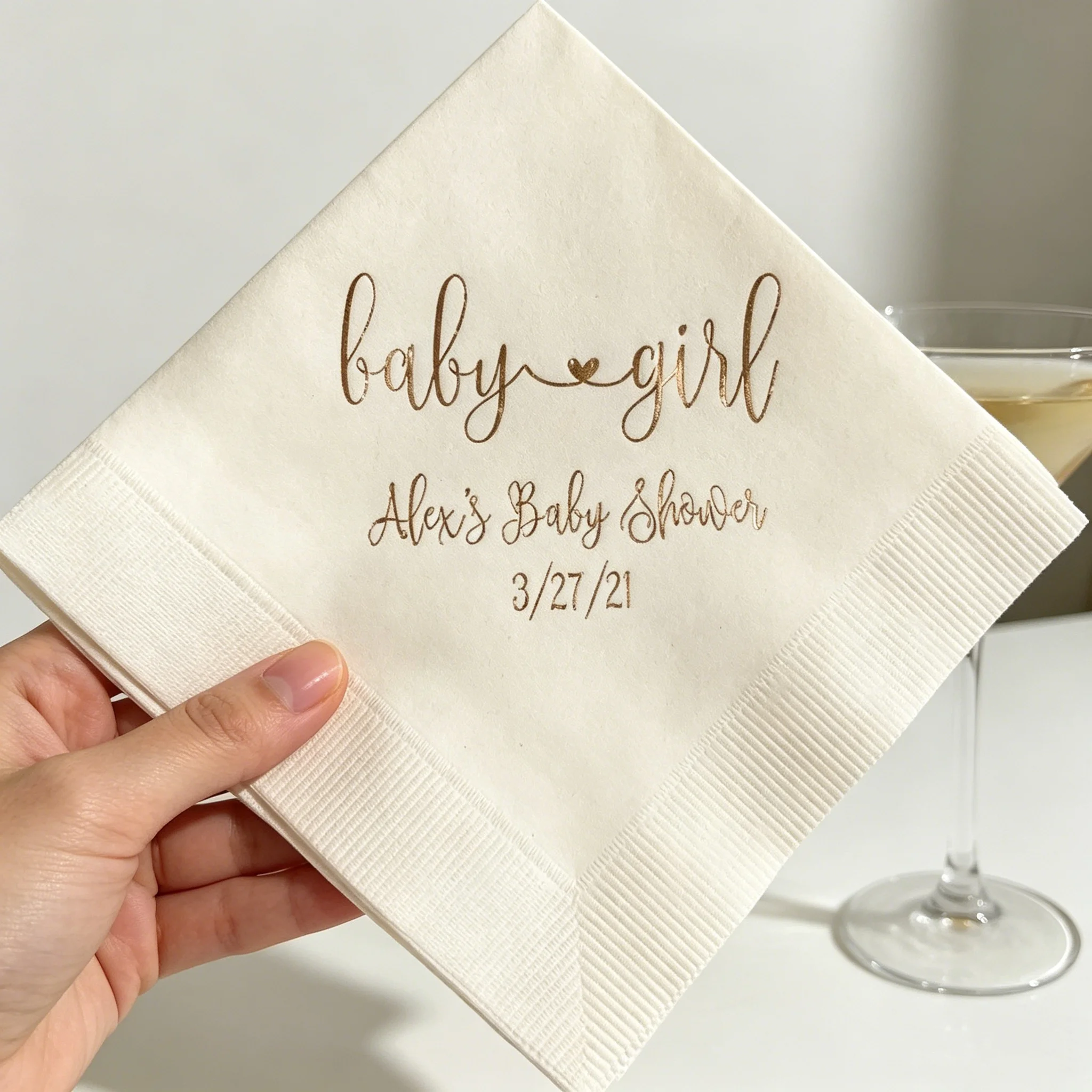 50pcs Custom Baby Girl Baby Shower Cocktail Napkins - Personalized Name & Date Rose Gold Foil Printed Disposable Beverage Napkin