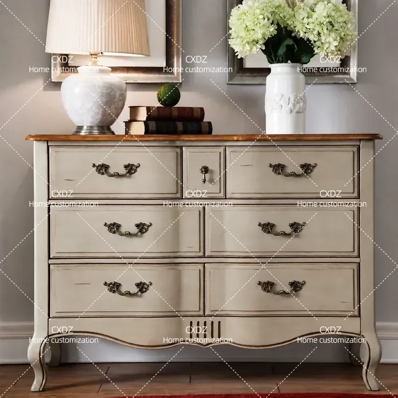 American Country Style Solid Wood Retro Three Bucket Cabinet Small Apartment Living Room Porch Storage Locker European