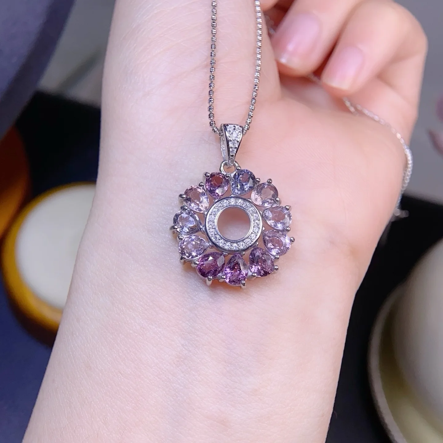 Natural Spinel Pendant Necklace, S925 Silver Inlaid, Gradient Purple Sunflower Vintage Luxury Women Choker