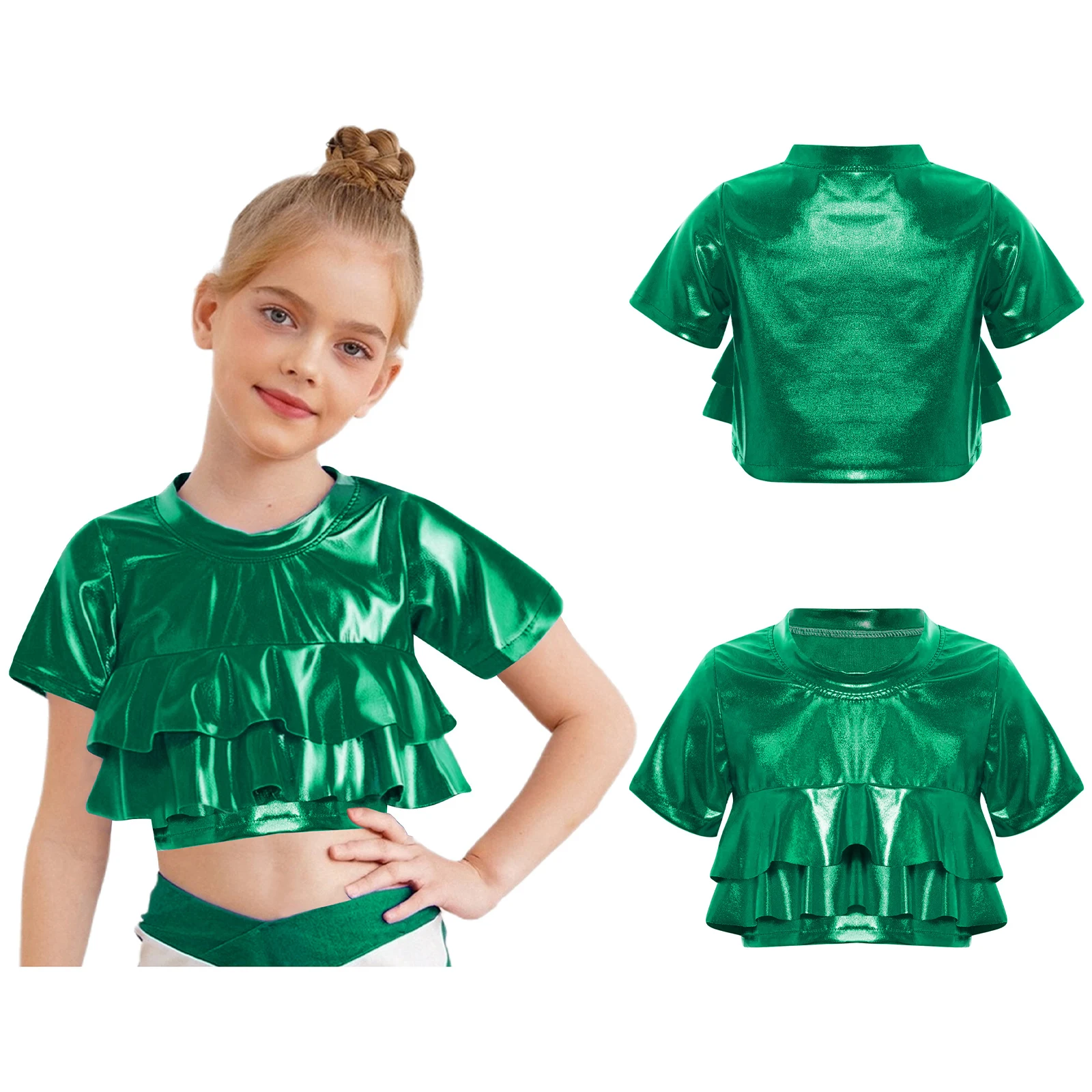 เสื้อครอปแขนสั้นสำหรับเด็กผู้หญิง แนวแจ๊ส ฮิปฮอป เต้นรำ แข่งขัน การแสดง เนื้อผ้าเมทัลลิก เงาวาว สไตล์แจ๊ส สตรีทแดนซ์ ชุดเต้น