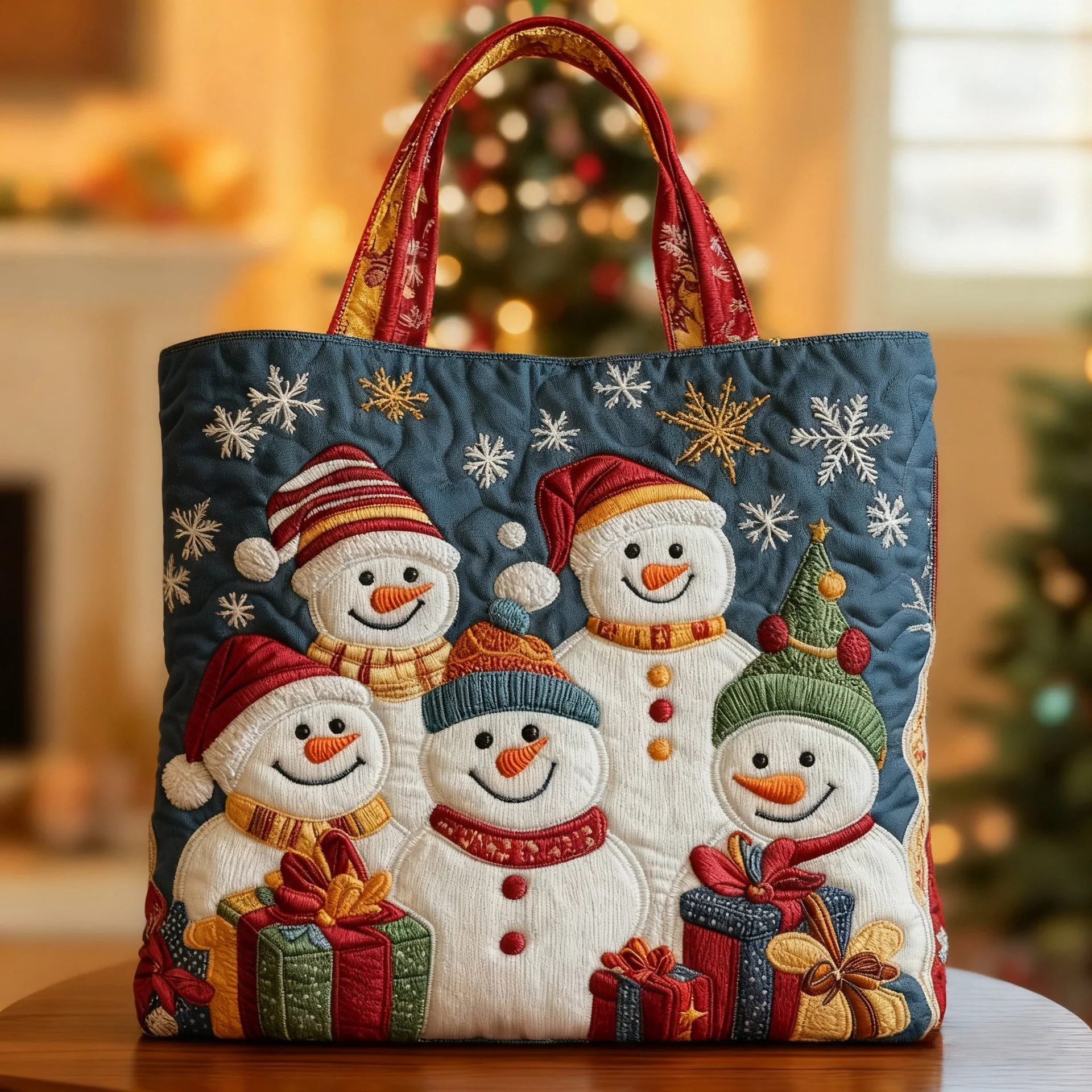 Christmas Snowman Print Quilted Handbag Large Shoulder Tote Bag Reusable Shopping Bag for Winter Party Gift Storage