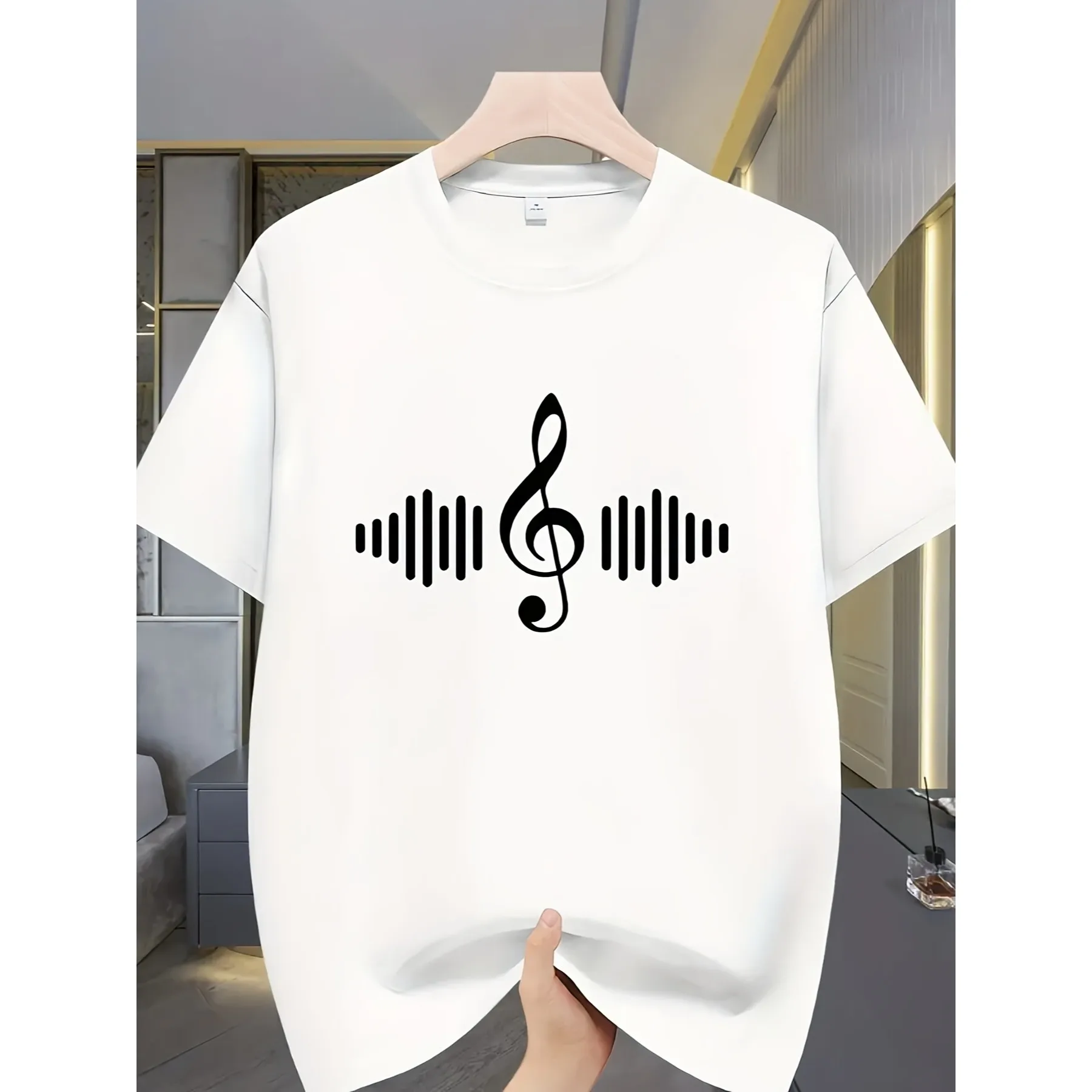 Music Clef Sound Wave Graphic Tee Breathable Cotton Short Sleeve T-Shirt Casual Crew Neck Street Trend