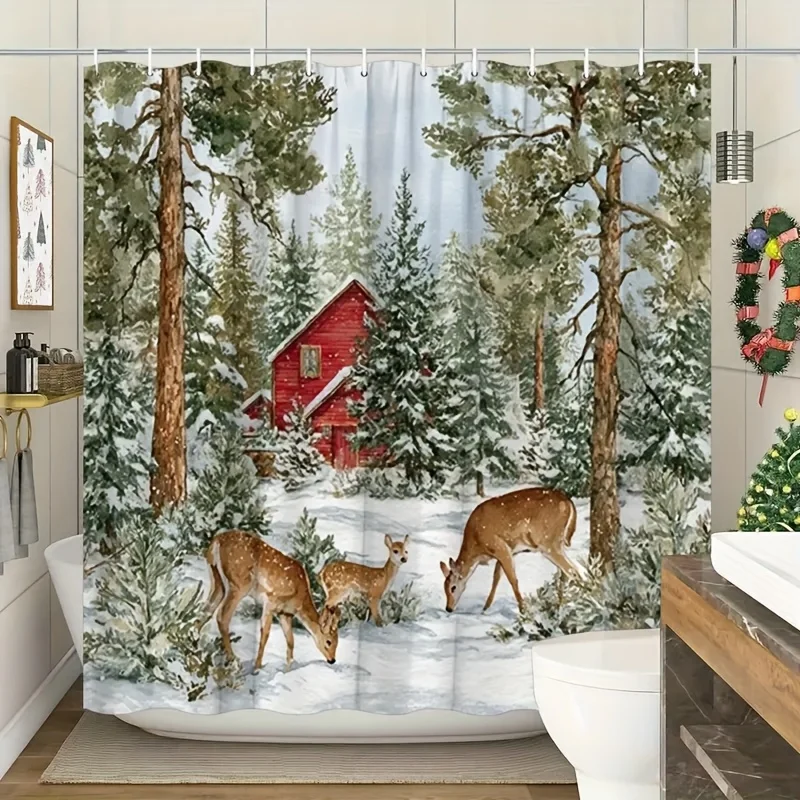 1pc Classic Christmas Style Shower Curtain, Snow Scene, Featuring Reindeer, Red Houses, and Snow-covered Pine Trees, Suitable fo