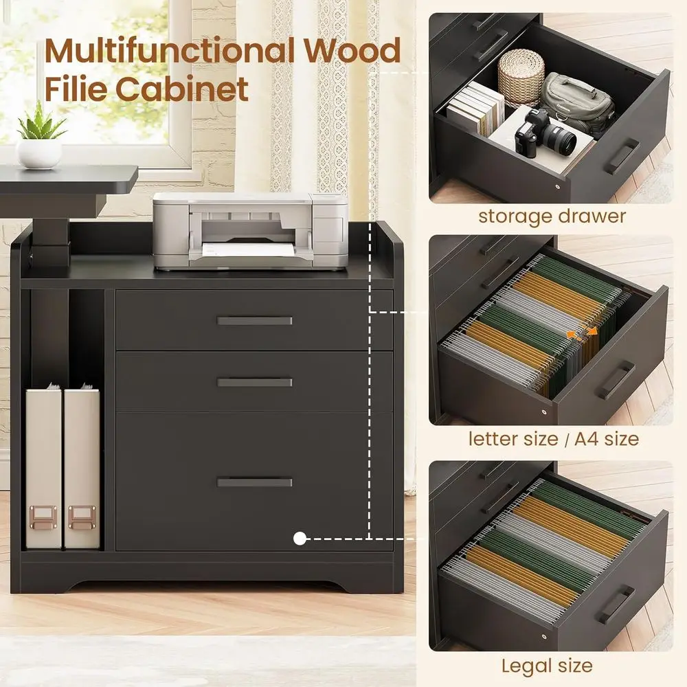 Black L-Shaped Adjustable Standing Desk with Drawers, File Cabinet, Power Outlet, LED Lights, and Keyboard Tray for，Customized