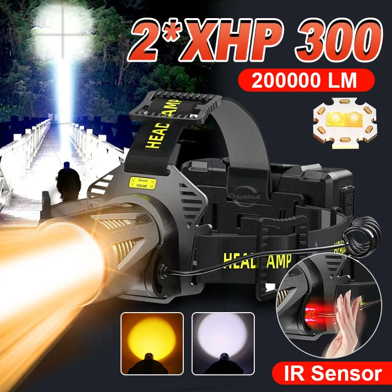 

НОВЫЙ 200000LM XHP300 двойной светодиодный налобный фонарь с датчиком белого и теплого света, мощный налобный фонарик 18650, светодиодный фонарь для рыбацкой головы
