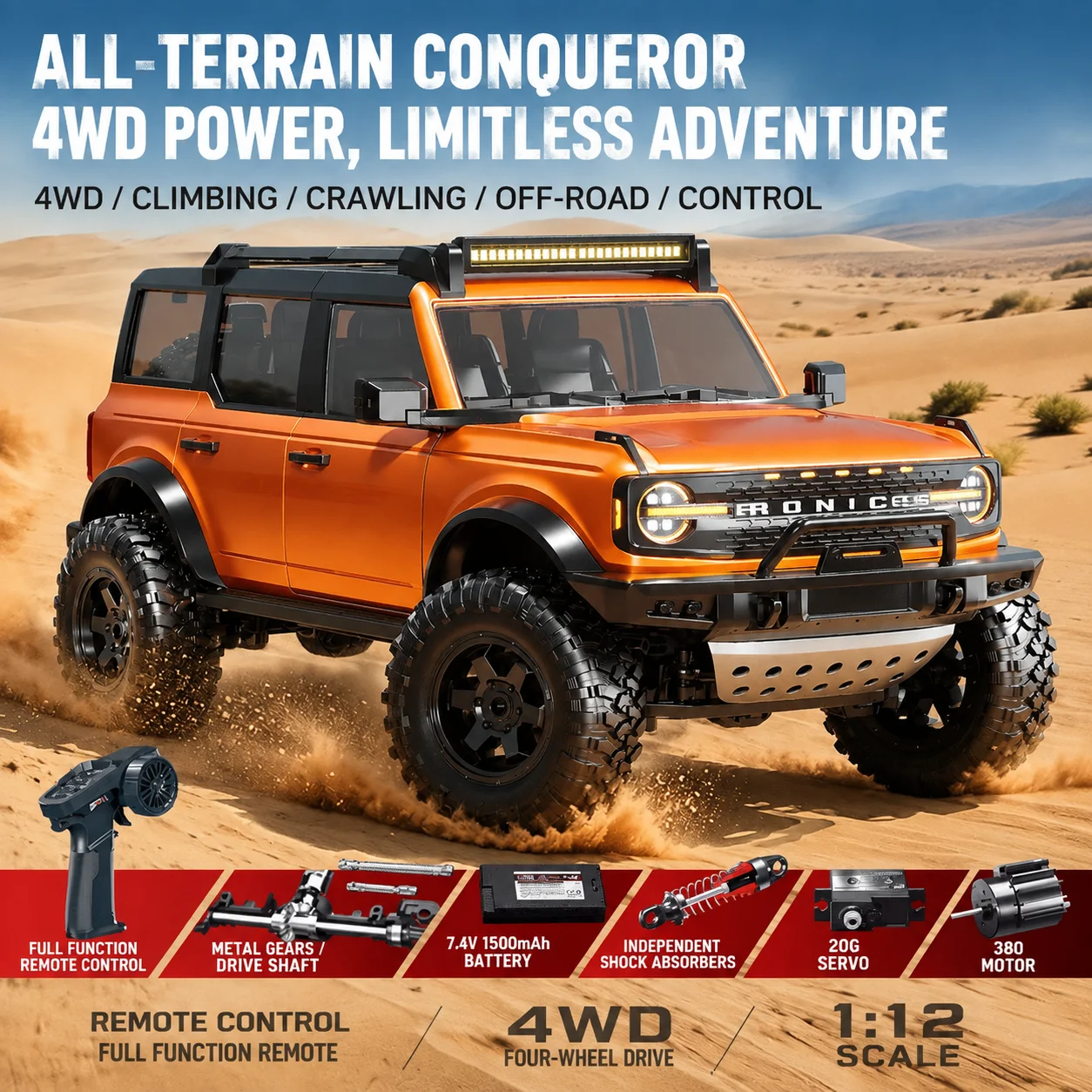 HongXing New 1/12 Full Scale 4WD RC Car Remote Control Climbing Off-road Vehicle With LED Lights Model Boy Toy For Outdoor