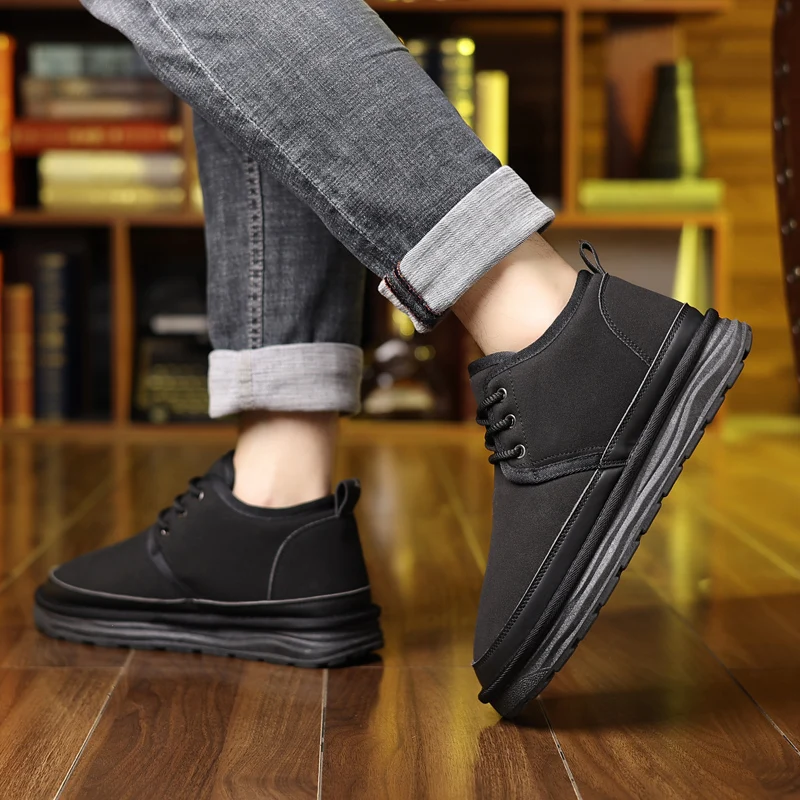 

Men's Large-sized Autumn and Winter Fleece Warm Mid-top Solid Color Leather Lace-up Flat Outdoor Casual Anti-slip Snow Boots