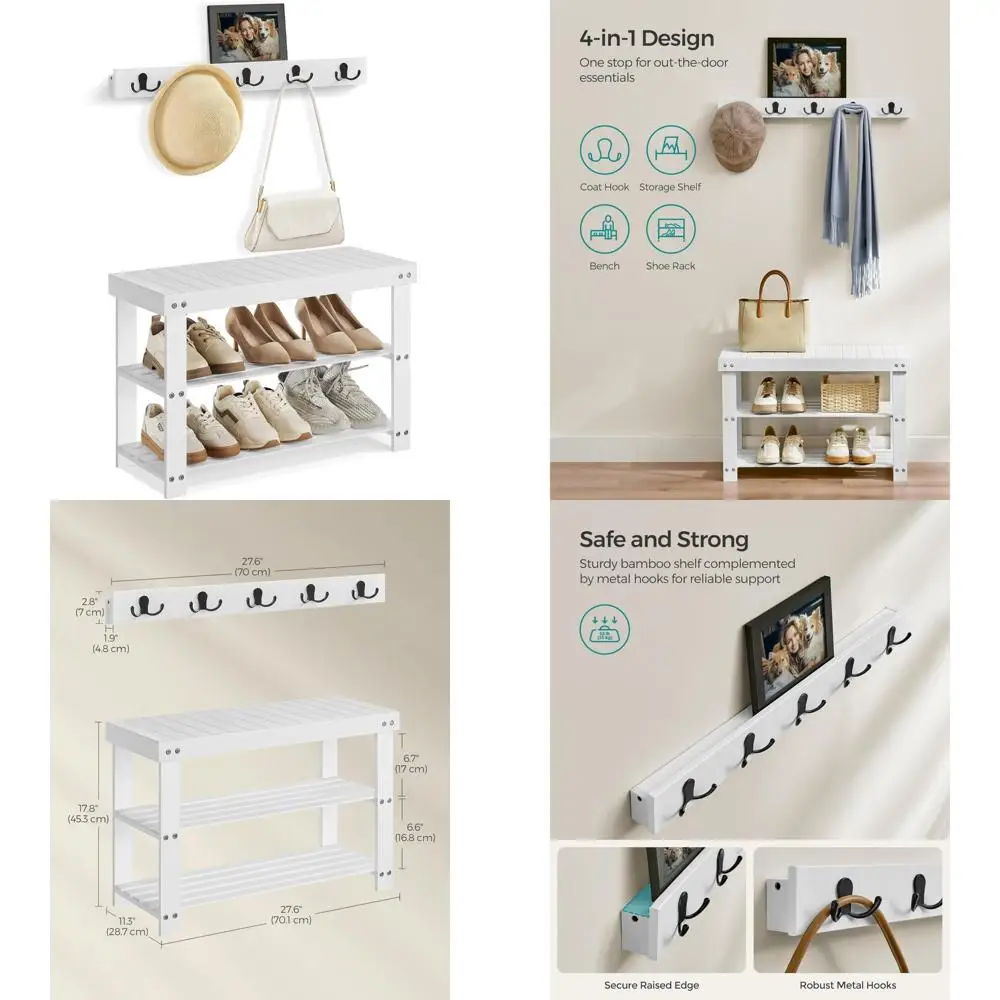 

multi-functional bamboo shoe rack and bench with 5 hooks for entryway storage
