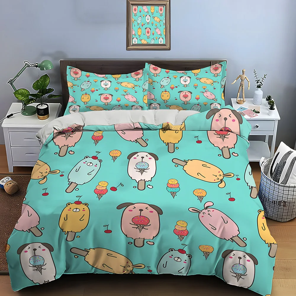 Cartoon animals and ice cream pattern Print Bedding Set 1 Duvet Cover 2 Pillowcases for Adult and Children Luxury Gift Full Size