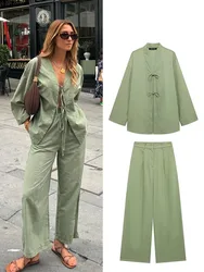 HH Women 2 Piece Set Solid Bow Lace Up Decorate Long Sleeve V Neck Shirt Top+Side Pockets Zipper Casual Loose Wide Leg Pants