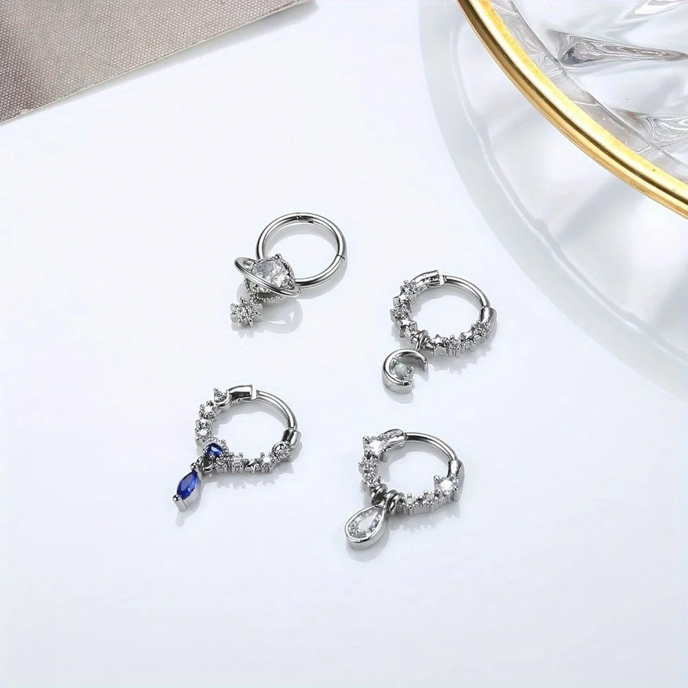 DOLOTTA 1Pcs 16G Surgical Steel Septum Rings for Women Dangle Blue Planet Moon Star CZ Daith Helix Nose Ring Piercing Jewelry