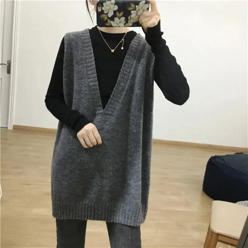 Rompi Sweater mode mantel wanita baru longgar V-neck rompi wanita musim gugur musim dingin warna Solid rajutan mode rompi longgar atasan E4657