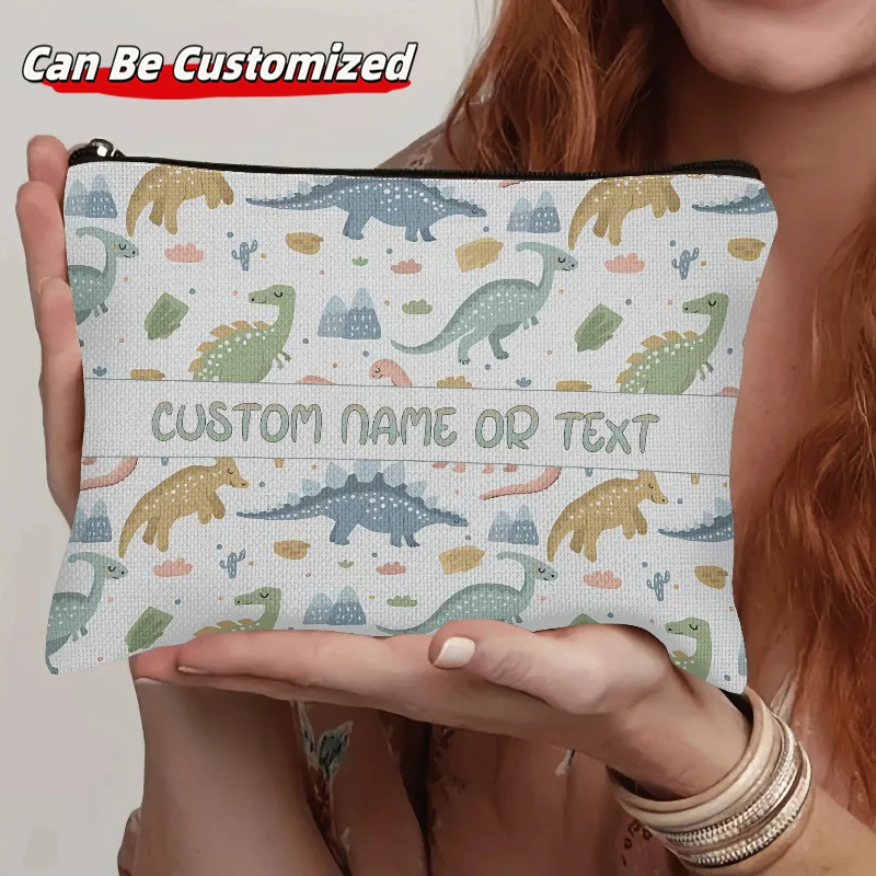 Personalized Text Dinosaur Canvas Zipper Bag Cute Watercolor Dino Pattern Portable Travel Cosmetic Pencil Storage Pouch