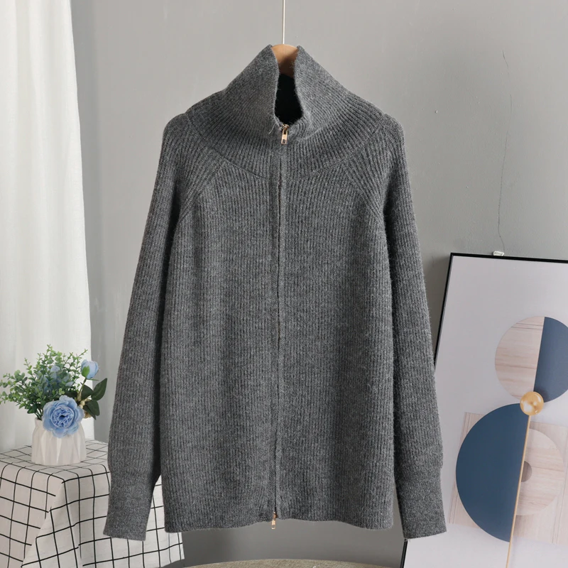 Zipper Cardigan for Women's Sweater Y2k Autumn Winter Knitted Top Blouse Button Up Collar Warm Thicken Women Coat Soft Jacket