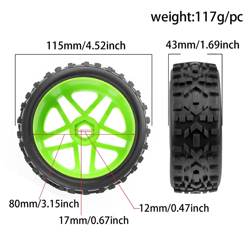 

SQPP-115Mm 1/8 RC Off-Road Buggy Car Wheel Tire Tyre Set Of 4 17Mm Hex For ARRMA Typhon Talion TRAXXAS HSP Redcat Losi HPI Red