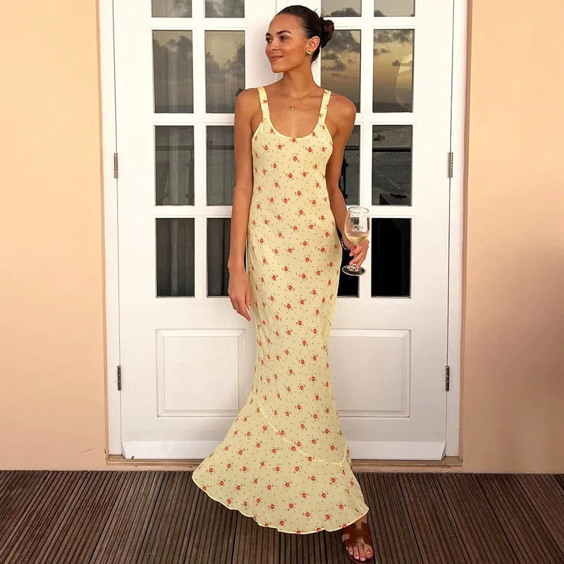 French Floral Long Fishtail Skirt 2024 Summer European and American New Printed Fashion Trendy Sling Dress