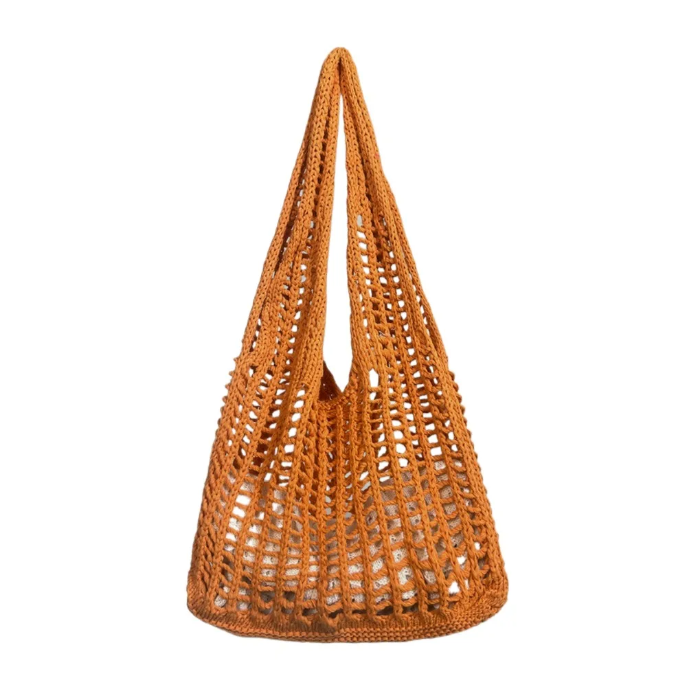 

Solid Color Knitting Shoulder Bag Hollow Out Versatile Bohemian Crochet Tote Bag Large Capacity Casual Woven Handbag Shopping