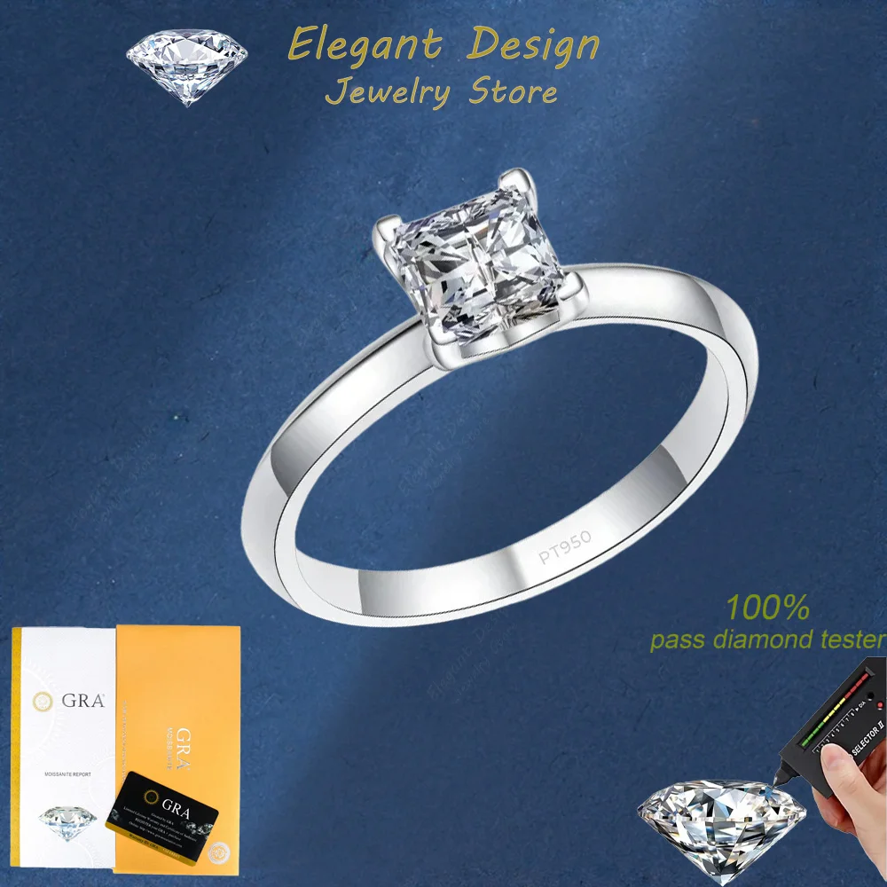 

Elegant Design Female PT950 Platinum Square Diamond Ring, D Color 1/2 Carat Moissanite Engagement Ring for Women GRA Certified
