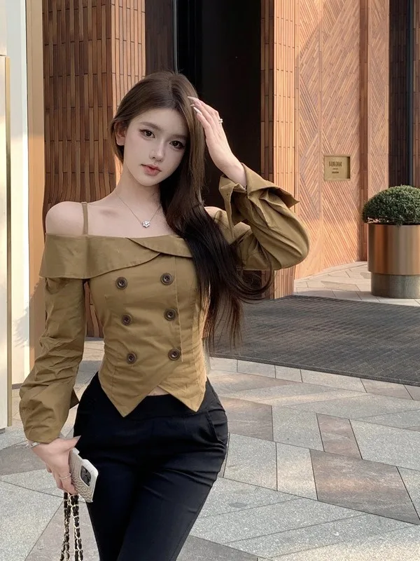 Korean Style One Shoulder Double Button Waist Cinched Retro Halter Shirt Design Short Spicy Girl Top Fashionable Trendy