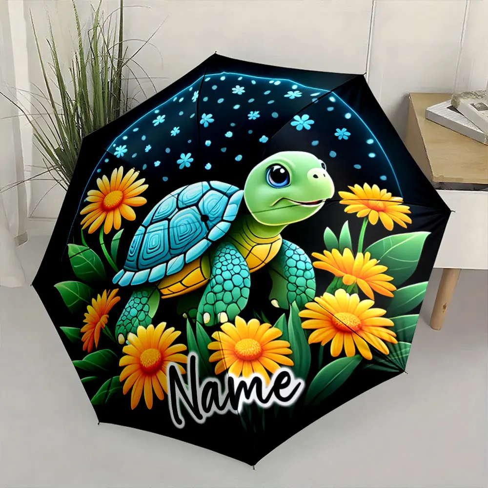 Custom Name  Cute Turtle Umbrella with Colorful Floral Design Print 8 Iron Ribs Folding Umbrella Auto-Open Fashion Sunshade