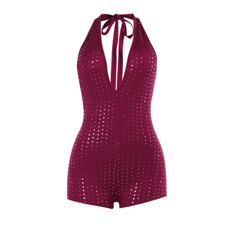 Deep V Neck Shiny Beach Playsuit For Women Sequins Jumpsuit Hot Girls Club Party Sexy Lace Up Backless monos para mujer cortos