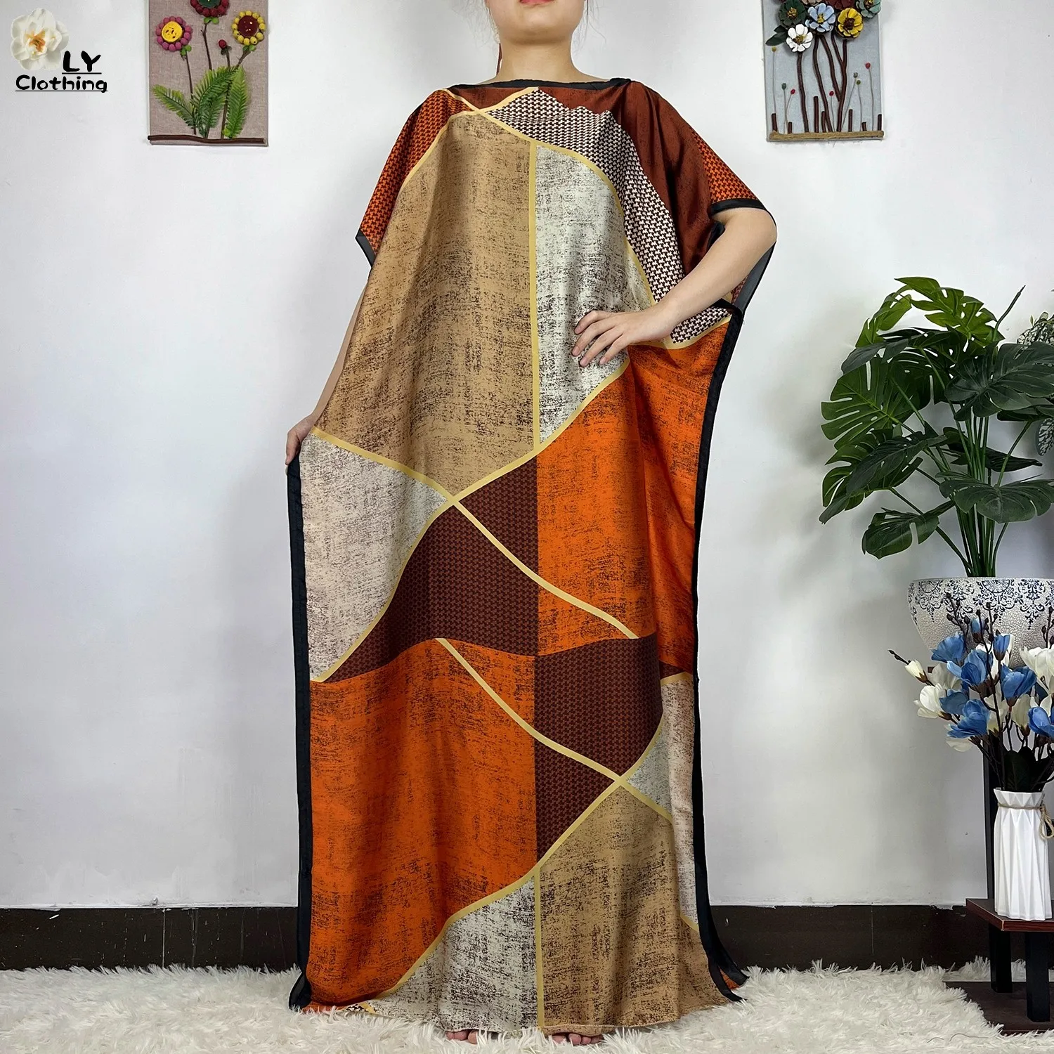 2023 New African Fashion Short Sleeve Colored Pattern Dubai Women Summer Real Silk Soft Printing Loose Tradition Muslim Dress