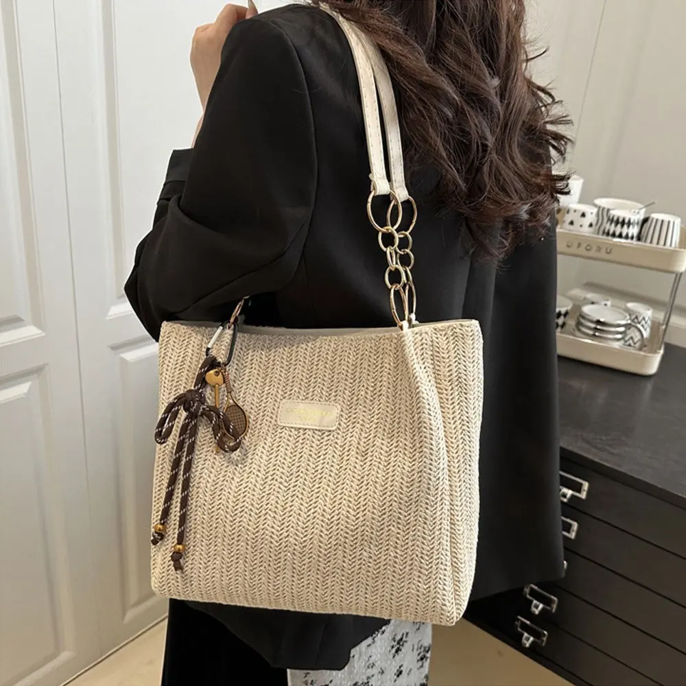 Fashionable Elegant Shoulder Bag, Spacious Vacation Straw Woven Tote Bag, Fashion Casual Solid Color Woven Handbag