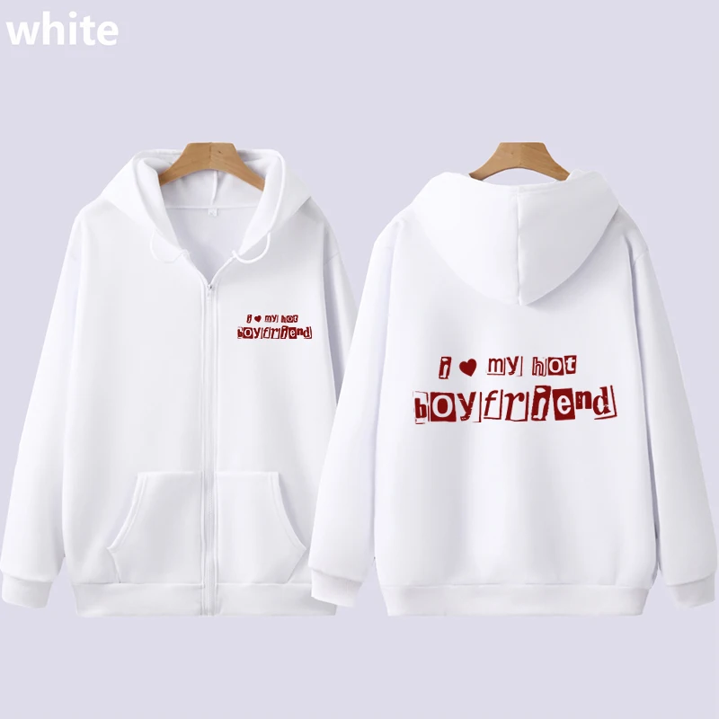 

I Love My Hot Boyfriend Printed Zipper Hoodie Y2k Fashion Women Men Sweatshirt Zip up Jacket Grunge Hip Hop Shirt Long Sleeves