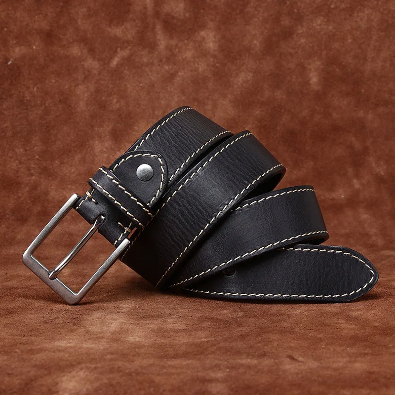 3.8CM wide retro top layer cowhide stainless steel buckle belt men's genuine leather pin buckle versatile casual jeans belt