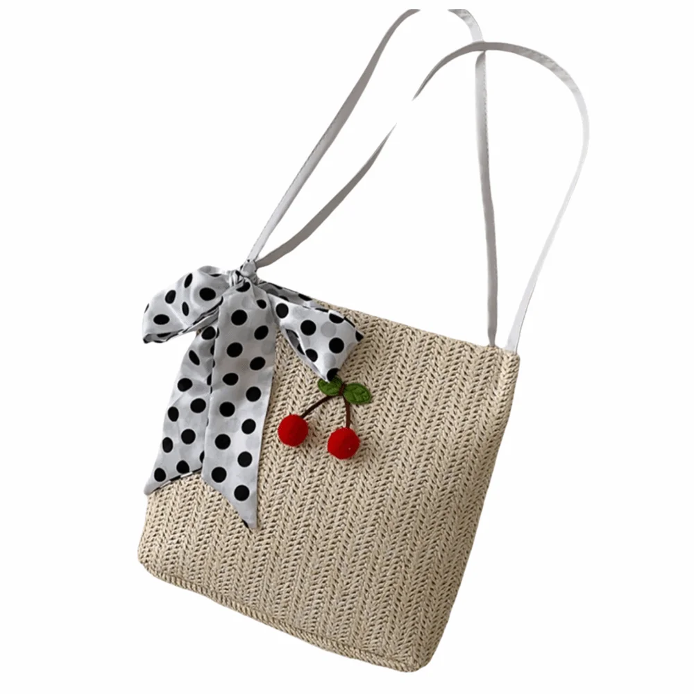 Creative Cherry Shoulder Bag Beige Khaki Leather Handle Straw Bag Weaving Pattern Handbag Spring Summer