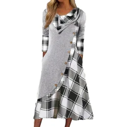 2023 Autumn New Plaid Panel Button Pocket Stacked Collar Office Lady Ankle-length Comfortable Leisure Casual Long Sleeve Dress