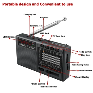 XHDATA-D-368 Radio FM Tragbar, AM, SW, 12 Bands, Stereo-Radioempfänger, drahtlose Tasche, kompatibel mit Bluetooth, USB, TF, MP3-Player 6 Hauptverkäufe BT und MP3 - №4