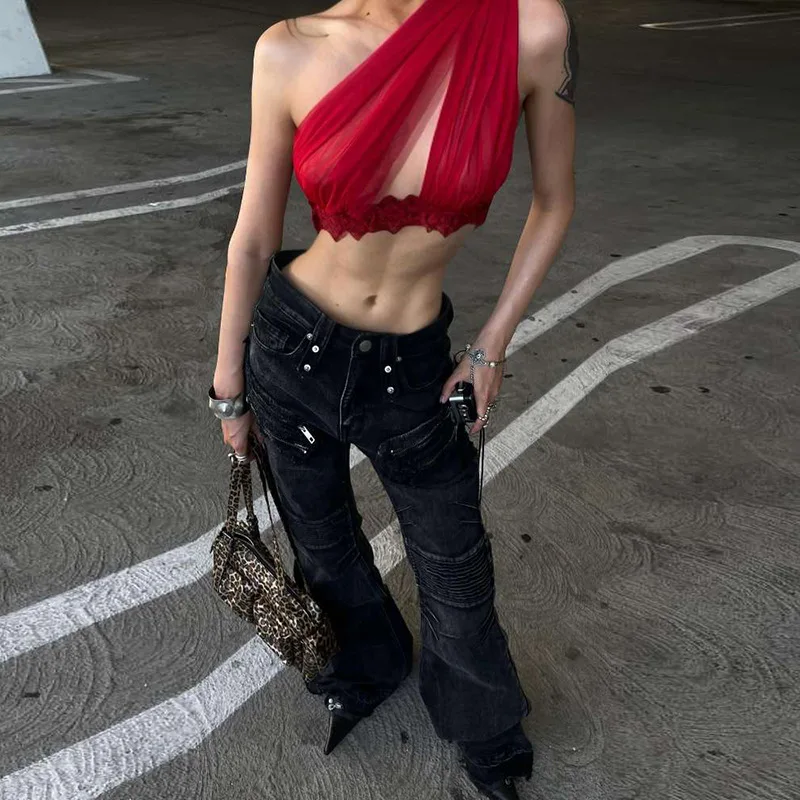 2025 nuove donne di estate abbigliamento sexy personalizzato maglia backless cava spalla inclinata aperto ombelico pizzo T-shirt gilet